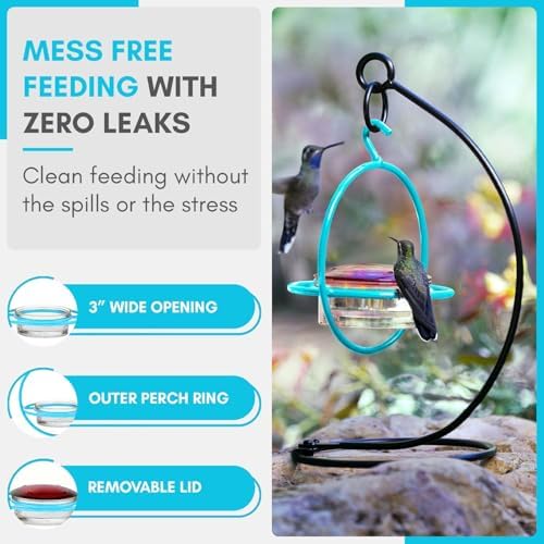 Hummingbird Feeder for Outdoors Hanging, 3.4 OZ Hummingbird Feeders, Glass Bowl with 4 Feeding Ports, Leak Proof Lid & Circular Perch, Bird Feeder (1, Red)
