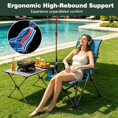 SUNNYFEEL High Back Folding Camping Chair 500 lbs with Aluminum Frame, Grey | Ergonomic Back Support, High-Resilience Fabric & Uv-Rated, Detachable Cup Holder and Carry Bag for Camping, Beach, RV, Patio