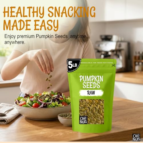 Oh! Nuts Raw Pumpkin Seeds Unsalted Pepitas 1 Pound - 100% Natural | Raw pumpkin seeds unsalted - 100% natural organic pepitas to eat - No shell - Packed in NY - Resealable zip-seal bag