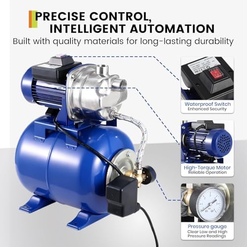 1HP Shallow Well Pump Tank Garden Water Pump Booster System, Pressurized Farm Irrigation, Automatic Water Booster Jet Pump or Home, Farm, Garden Irrigation & Water Transfer, Blue