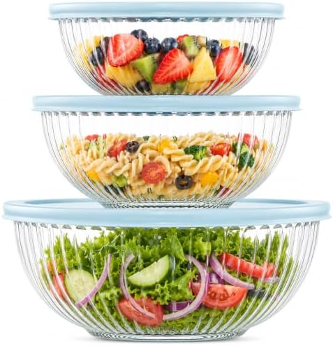 Luvan Glass Mixing Bowls with Lids Set(4.5QT, 2.7QT, 1.1QT)-Large Glass Mixing Bowls, Clear Salad Bowl for Baking, Cooking, Serving, Food Prep, 3PC Nesting Bowls for Kitchen Storage & Dishwasher Safe