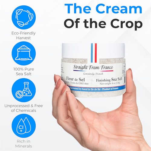 Straight from France Genuinely French Fleur De Sel Flaky Sea Salt | Finishing salt rich in minerals & electrolytes, flaky sea salt for baking and seasoning dishes, hand harvested, 1.5oz jar