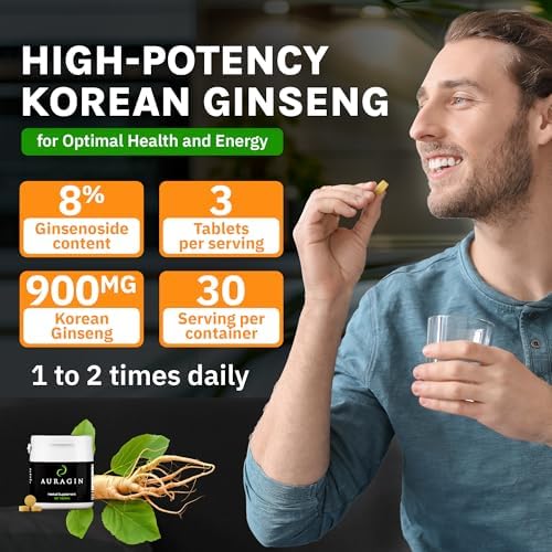 Auragin® Authentic Korean Red Ginseng – Made in Korea – 6 Year Roots – No Additives or Other Ingredients – 100% Red Panax Ginseng in Every