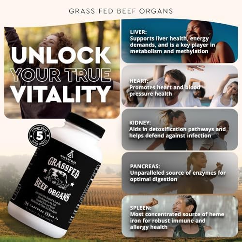 Ancestral Supplements Beef Liver Support Capsules, Iron & Energy, 180 Ct | Freeze-dried, Non-GMO Liver Rich in Heme Iron, Vitamin A & B12; Grass-fed, Desiccated, Vital Liver Support, Natural Liver