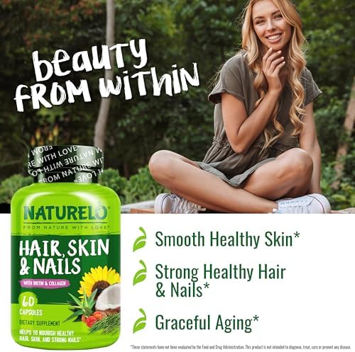 NATURELO Hair, Skin and Nails Vitamins - Biotin, Collagen - 60 Capsules | 5000 mcg, natural vitamin E, healthy skin