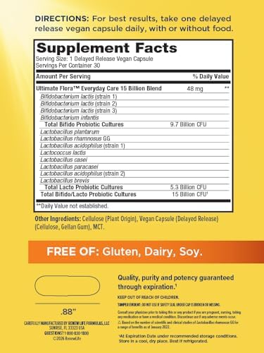Renew Life Ultimate Flora Probiotic 15 Billion CFU | 30 Delayed Release Vegan Capsules Go Pack | Everyday Care Formula | Dairy, Soy, and Gluten Free Supplement