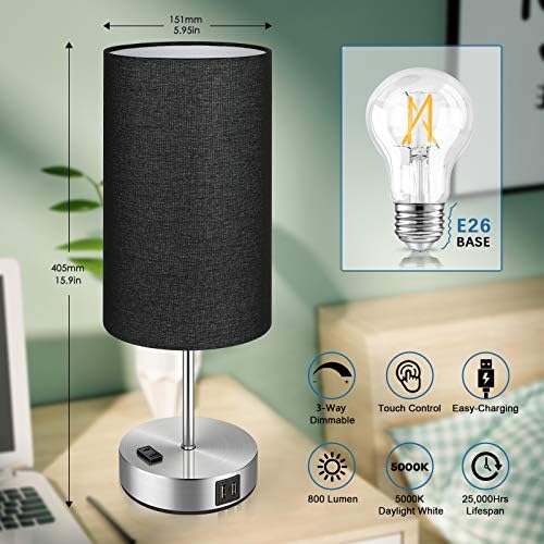Set of 2 Touch Control Table Lamps with 2 USB Charging Ports&AC Outlet