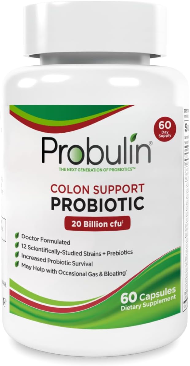 Probulin Colon Support Daily Probiotic + Prebiotic + Support Gut Health, Occasional Gas and Bloating - 20 Billion CFU - 12 Strains, 30 Vegan Capsules
