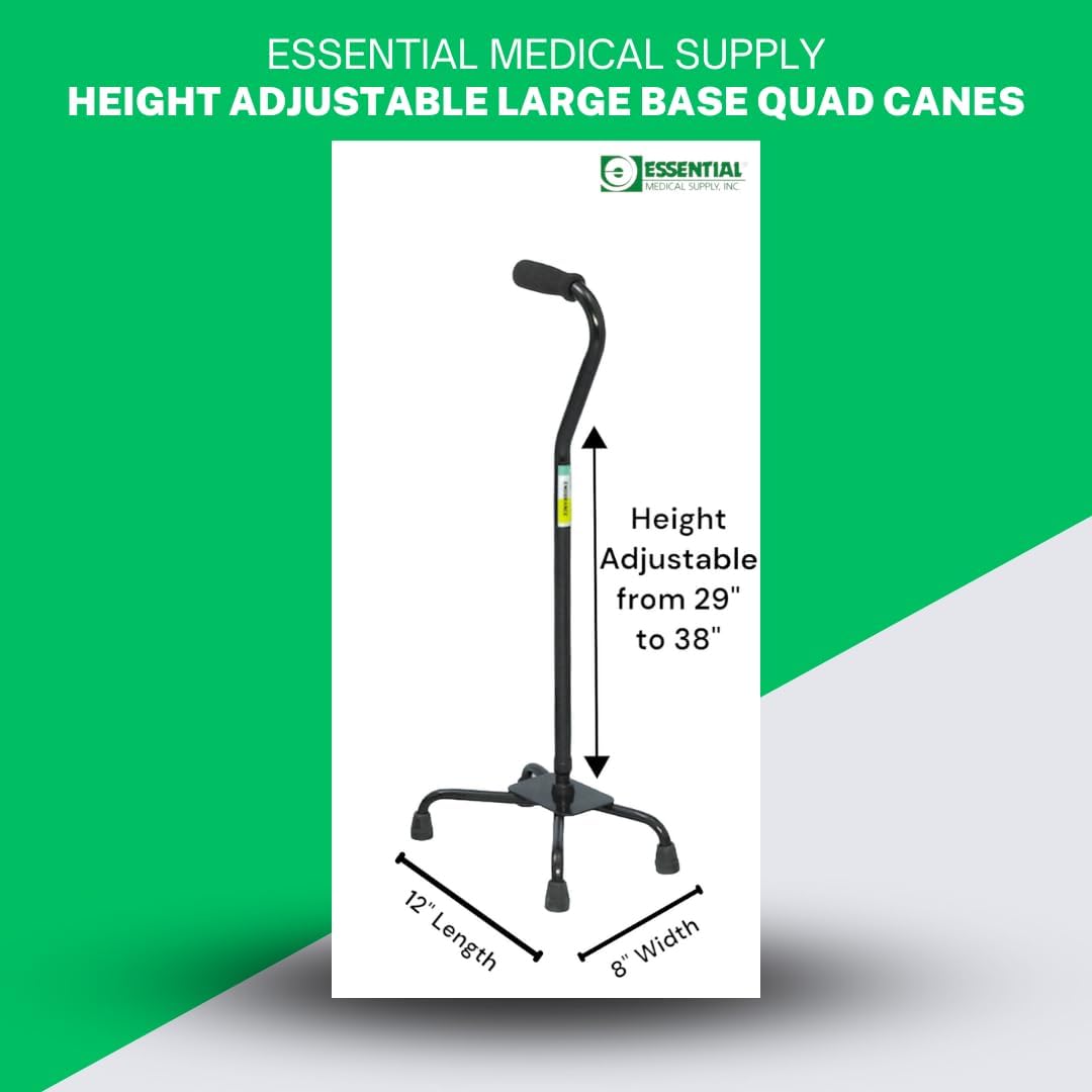Essential Medical Supply Small Base Quad Cane in Black - Height Adjustable Walking Cane, Sturdy and Durable Walking Cane for Improved Mobility and Stability with 4 Prong Base and Rubber Tips
