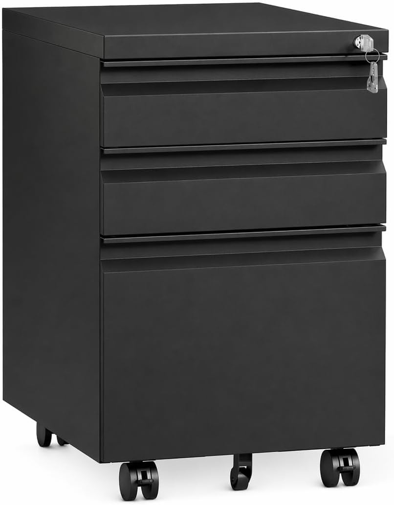 3-Drawer Mobile Steel Filing Cabinet with Lock, Fully Assembled Under Desk File Cabinet for Letter/Legal/A4 Size, Heavy Duty Storage Organizer for Home Office