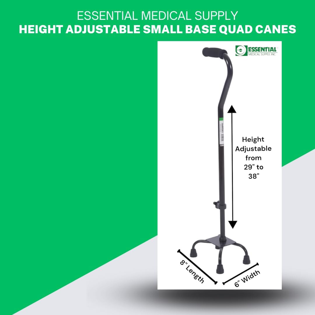 Essential Medical Supply Small Base Quad Cane in Black - Height Adjustable Walking Cane, Sturdy and Durable Walking Cane for Improved Mobility and Stability with 4 Prong Base and Rubber Tips