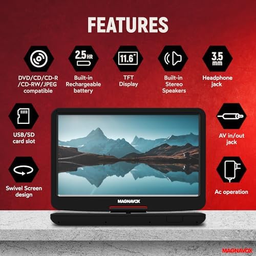 Magnavox MTFT754 Portable 11.6 Inch TFT Swivel Screen DVD/CD Player in Black | Rechargeable Battery | Swivel Screen Design | Great for Road Trips
