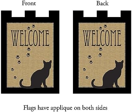 Welcome Black Cat Silhouette Paws Burlap 18 x 13 Rectangular Applique Tab Top Small Garden Flag