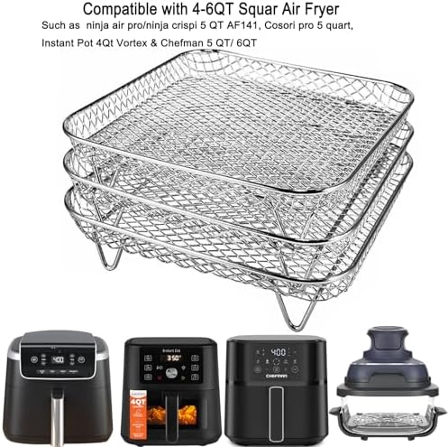 7 Inch Air Fryer Rack Compatible with Ninja Crispi/Ninja Pro 5QT/ Cosori 5QT/ Chefman 5-6QT/ Instant Pot 4Qt Vortex Air fryer &More, 3pcs Stackable Stainless Steel Air fryer Basket with 8 Silicon Feet