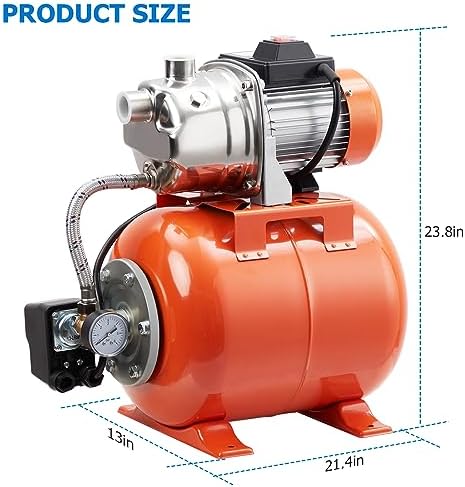 TrailBlaze 1HP Shallow Well Pump with Pressure Tank, 115V, Stainless Steel Lawn Sprinkler Irrigation Pump, Automatic Water Booster Jet Pumps for Home, Garden, Lawn, Farm