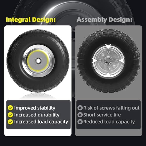 【UPGRADED】4.10/3.50-4 Tire and Wheel Flat Free, 10 Inch Solid Rubber Tire with 5/8”Axle Bore Hole and Double Sealed Bearings