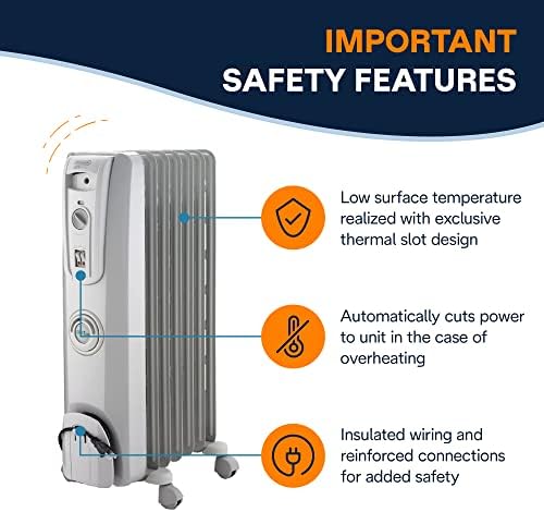 De'Longhi Oil filled Radiator Heater, 1500W Electric Space Heater for indoor use, portable room heater, Energy Saving, full room like office and bedroom with safety features, EW7707CM