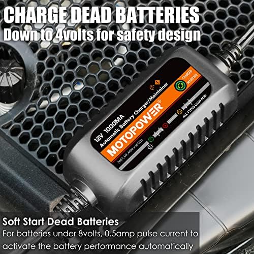 MOTOPOWER MP00205B 12V 1000mA Automatic Battery Charger, Battery Maintainer, Trickle Charger, and Battery Desulfator with Timer Protection - Grey