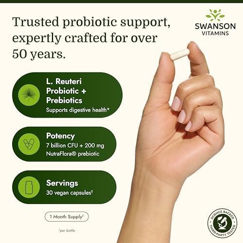 Swanson L. Reuteri Probiotic Plus, 7 Billion CFU, 30 Vegan Capsules | With Lactobacillus Rhamnosus, Acidophilus, and FOS Prebiotic for Gut-Health-Conscious Adults, Full-Spectrum Support