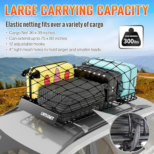 LWTURMRT 64 x 39 Inch Universal 300LB Heavy Duty Roof Rack Cargo with Cargo Net, Car Top Luggage Holder Carrier Basket for SUV