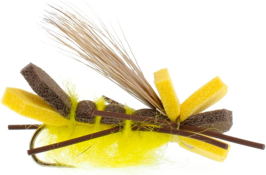 The Fly Fishing Place Guerilla Hopper Trout Flies - Yellow High Visibility Grasshopper or Stonefly Dry Fly - 6 Flies Hook Size 10