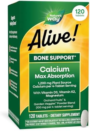 Nature’s Way Alive! Calcium Bone Support Tablets*, 1,200 mg Calcium, 120 ct | Max Absorption Calcium Supplement with Vitamins D3, K2, & Magnesium, Promotes Bone Health and Bone Density*, Gluten Free