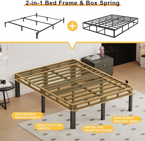 Full Size Bed Frame Metal,14 Inch Heavy Duty Double Layer Platform Black | Easy Assembly,Noise Free,4000lbs Capacity,6 Mattress Stoppers,Round Corner Legs,Headboard Holes,Anti-Slip Rubber Foot Pads