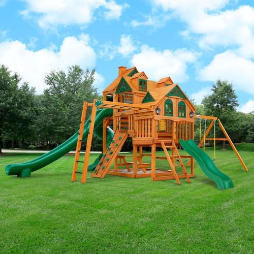 Gorilla Playsets 01-0089-AP Empire Wood Swing Set with 3 Play Decks, 3 Slides, and Monkey Bars, Brown