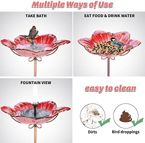 MUMTOP Glass Bird Bath Outdoor Birdfeeder Blue Flower Bowl with Metal Stake