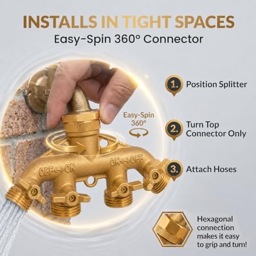Brass Heavy-Duty Garden Hose Water Splitter | LEAD-FREE 2-Way Y Splitter for Water Spigot & Faucet | Manifold Connector ON/OFF Valves w/Improved Comfort Grip, 3 Extra Washers & Teflon Tape