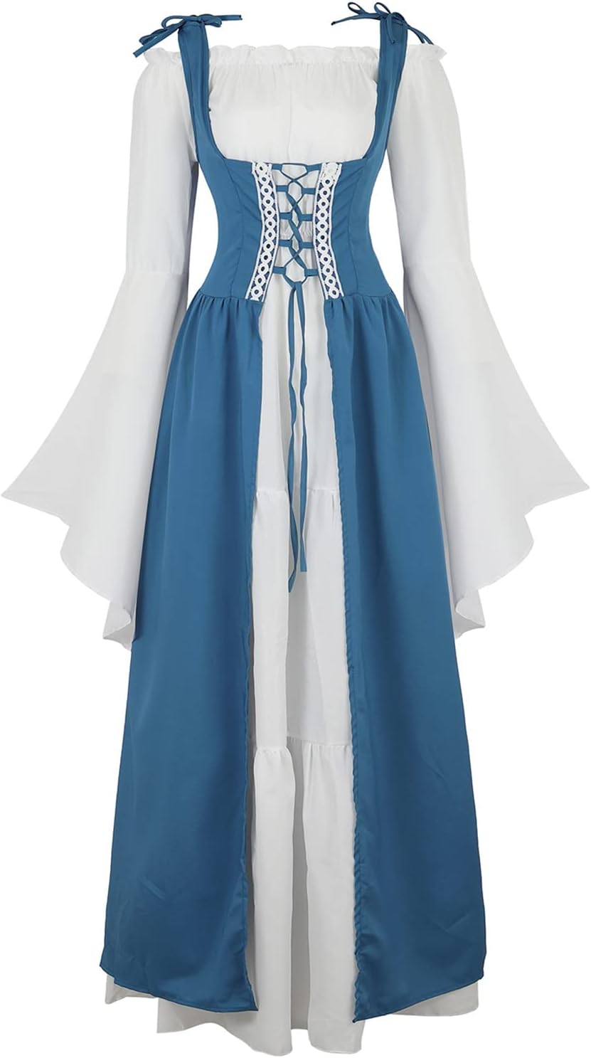 Kranchungel Renaissance Costume Women Dress: Flowy Long Sleeve Medieval Dress for Renaissance Faires & Medieval Festival