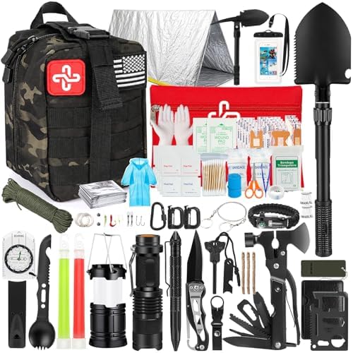 Survival Kit, 250Pcs Survival Gear First Aid Kit with Molle System Compatible Bag and Emergency Tent, Emergency Kit for Earthquake, Outdoor Adventure