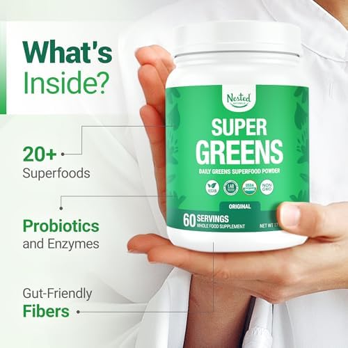 Nested Naturals Super Greens Daily Superfood Powder - Certified USDA Organic Green Powder w/20+ Whole Foods, Spirulina Powder,Wheat & Barley Grass - Probiotics, Fiber & Enzymes - Original Flavour, 30