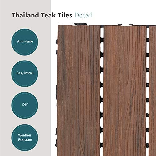 ECOOPTS 12"x12" Interlocking Deck Tiles Patio Floor Tiles Outdoor Flooring Wood Deck Tiles for Porch Balcony Backyard, 9 Slat x 15 Boxes, Brown