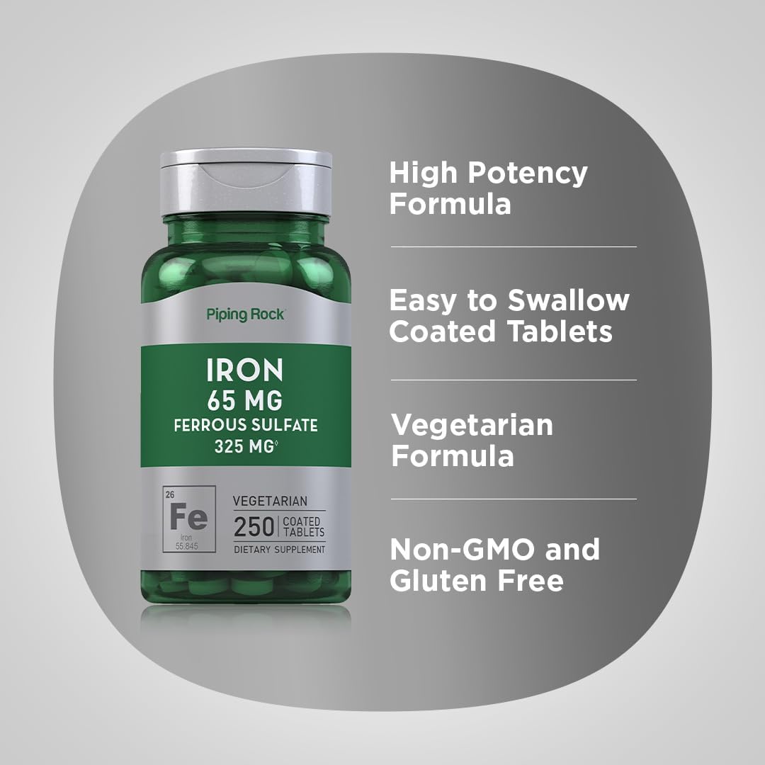 Piping Rock Iron Ferrous Sulfate 65 mg | 250 Tablets | Iron Supplement | High Potency Formula | Vegetarian, Non-GMO, Gluten Free