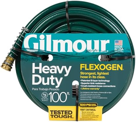 Gilmour 864751-1001 75ft Heavy Duty Flexogen Garden Hose, 5/8" Diameter | Heavy Duty Build, 500 PSI, Kink-Resistant Layers, Brass Fittings, All-Weather Durability, Made in USA