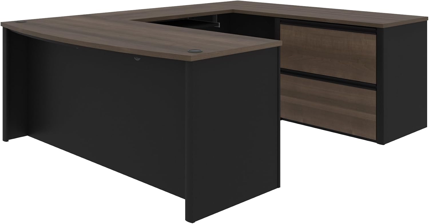 Bestar U-Shaped Executive Desk with Cabinet, Antigua/Black, Connexion, 72W
