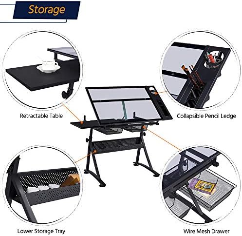 Yaheetech Adjustable Drafting Table & Stool, Tilting Glass Art Desk