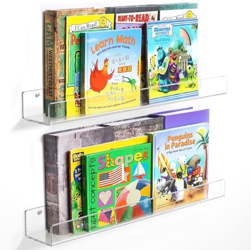 NIUBEE 24”Acrylic Floating Bookshelves for Kids Wall Shelves 2 Packs | Premium Acrylic 50% Thicker with Screwdriver Clear Bathroom Extra-Large Storage Shelves Display Organizer