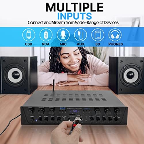 Pyle Bluetooth Home Audio Amplifier - 6 Channel Stereo Receiver Amp, 600 Watt Power, Commercial or Karaoke with Mic Talkover, Headphone Jack