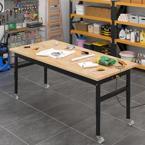 60" Adjustable Work Bench, Rubber Wood Top Workbench | Heavy-Duty Work Table with Power Outlet and Wheels