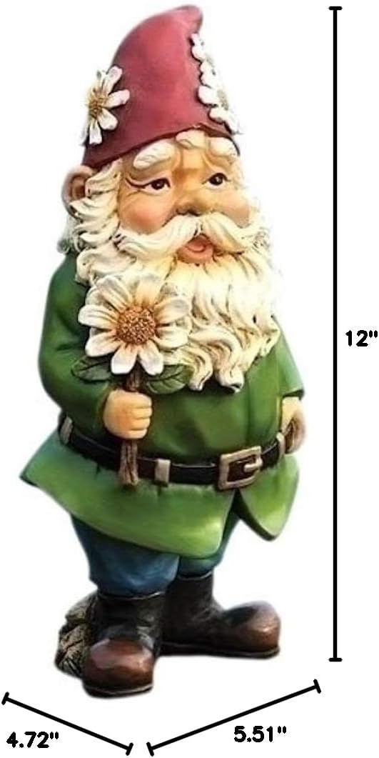 Giftware by Roman Inc., 12.25" H GNOME with Daisy Statue, Garden Collection, Outdoor Statue, Memorial, Resin Stone, Adorable Frogs and Flowers