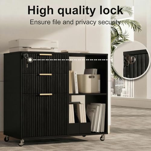 3 Drawer Fluted Mobile Filing Cabinet with Lock, Lateral Rolling Under Desk File Cabinet, Wooden Printer Stand Table for Home Office Essentials Storage Organization Furniture Letters/A4(Oak)
