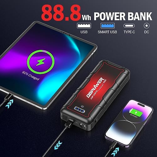 DBPOWER Jump Starter 4000A Peak 88.8Wh Portable Car Jump Starter (Up to All Gas/10L Diesel Engine) 12V Auto Battery Booster Pack with Smart Clamp
