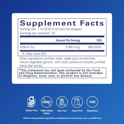 Pure Encapsulations B12 5, 000 Liquid - Vitamin B12 Methylcobalamin Supplement to Support Energy, Nerve Health