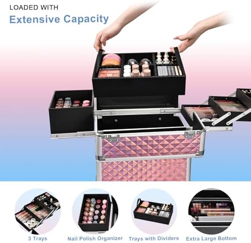 Stagiant Rolling Makeup Train Case Large Storage Cosmetic Trolley 4 Tray with Sliding Rail Removable Middle Layer with Key Swivel Wheels Salon