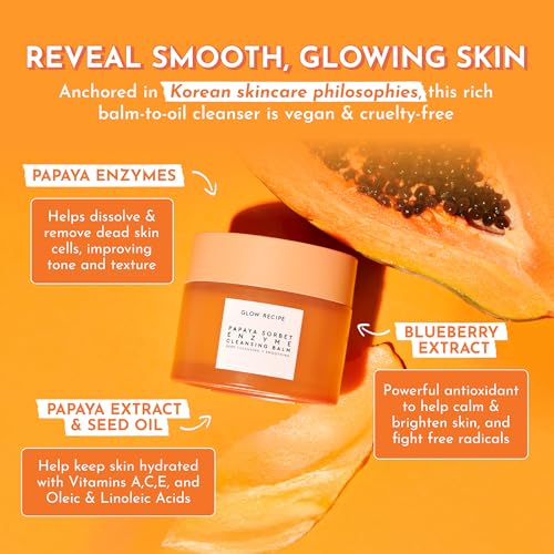 Glow Recipe Papaya Enzyme Cleansing Balm, Korean Double Cleanse First Cleanser, Makeup Remover + Cleansing Oil Balm, Gentle Exfoliating Face Cleanser