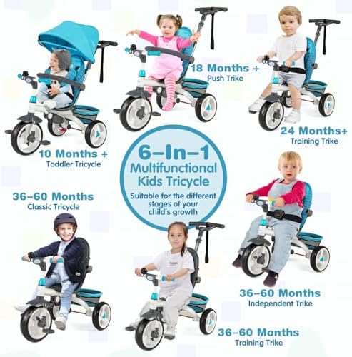 Costzon Tricycle for Toddlers, 6 in 1 Trike w/Parent Handle, Adjustable Canopy, Storage, Safety Harness & Wheel Brakes, Baby Push Tricycle Stroller for Kids Boys Girls Aged 9 Month-5 Years Old, Blue