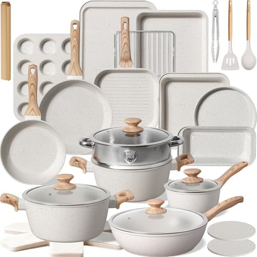 Kikcoin Pots and Pans Set Non Stick 31 Piece Kitchen Nonstick Cooking Cookware Sets with Grill Pan Saucepan Baking Sheet Utensil, Black