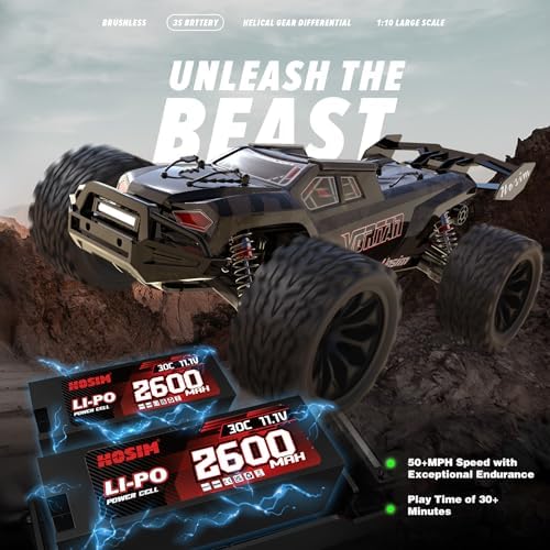 Hosim Mini 1:8 Brushless RC Cars for Adults, VEXARO 50+MPH Fast RC Trucks | 3660 3100KV Brushless Motor & 80A ESC, 2* 2600mAh 3S Lipo, Chrome Steel Central Transmission, All-Metal Oil-filled Shocks